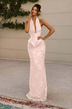 Halter V Neck Sleeveless Long Mermaid Prom Dress With Appliques WQ0176