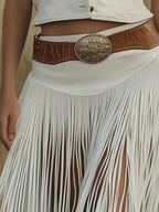 Retro Premium Western Style Brown Belt White Suede Tassel Skirt