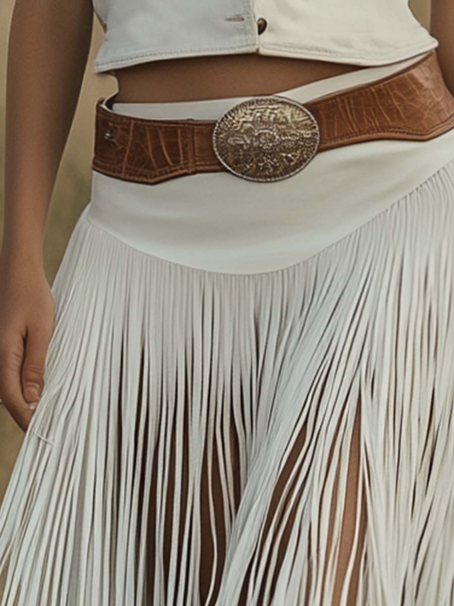 Retro Premium Western Style Brown Belt White Suede Tassel Skirt