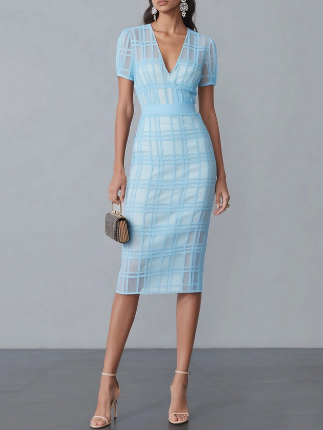Black Organza Plaid Classic V Neck Short Sleeve Sheath Midi Dress