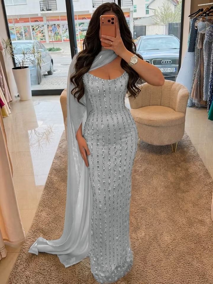Cocoslly Strapless Sleeveless High Waist Long Prom Dress With Shawl And Rhinstone | Dusty Sage Satin YK1255