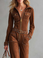 Retro Western Tan Faux-Suede Collared Zip-Front Wide-Leg Jumpsuit