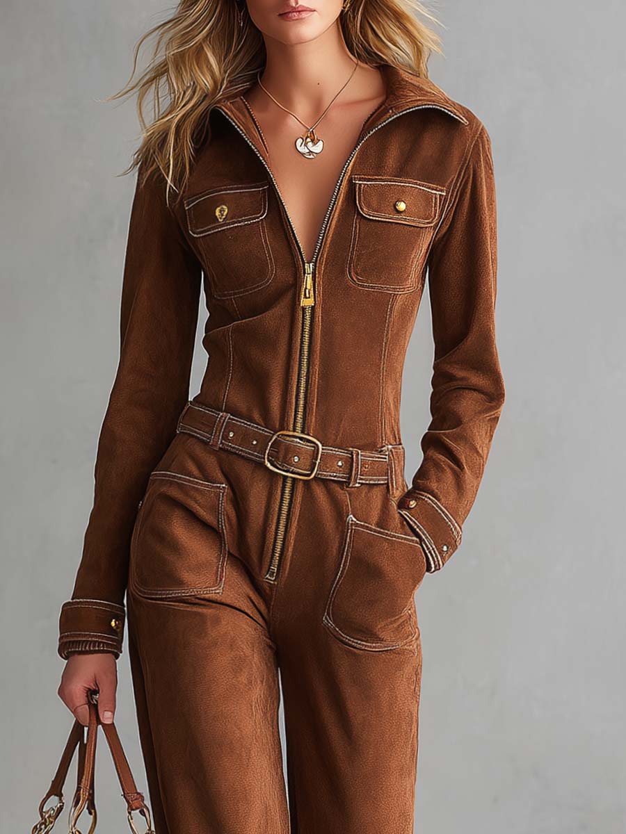 Retro Western Tan Faux-Suede Collared Zip-Front Wide-Leg Jumpsuit