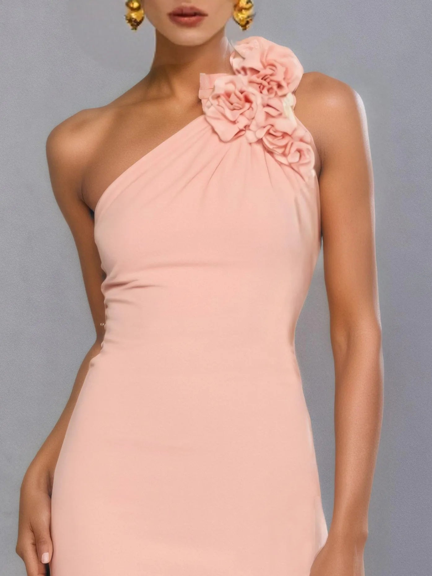 Pink 3D Floral Lace Classic One Shoulder Sleeveless Mermaid Gown Dress