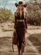 Vintage Bohemian Blue Lace Long Sleeve Midi Dress