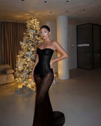 Red Tulle Strapless Sleeveless Long Mermaid Prom Dress With Sequins And Corset YK0682