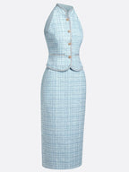 Women Blue Tweed Buckle Rhinestone Turtleneck Sleeveless Dressy Top With Skirt Two-Piece Set