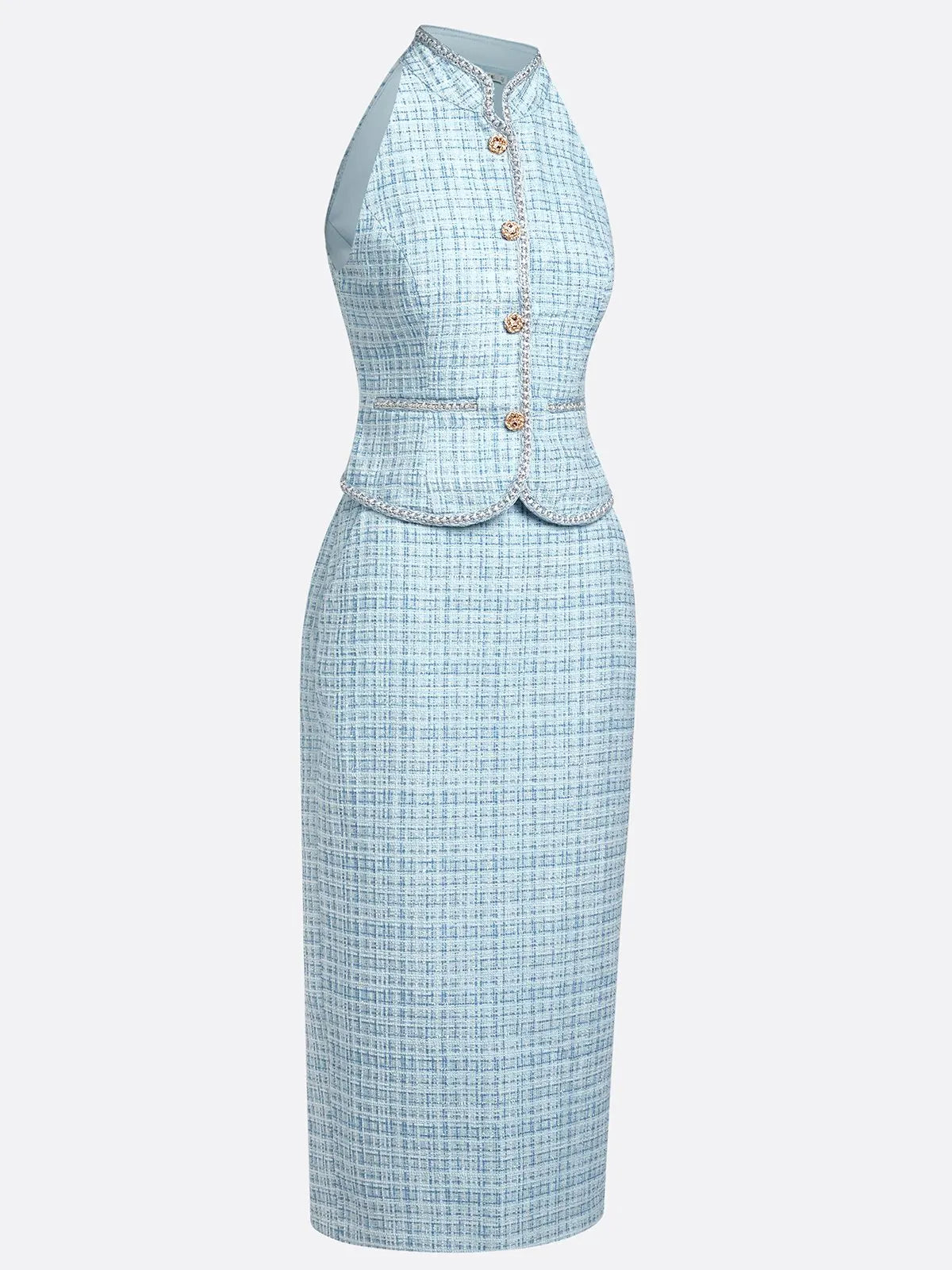 Women Blue Tweed Buckle Rhinestone Turtleneck Sleeveless Dressy Top With Skirt Two-Piece Set