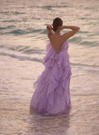 Cocoslly Halter Sleeveless High Waist Long Prom Dress With Ruffles | Lilac Chiffon LX0092
