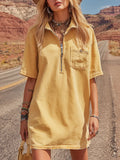 Vintage-style Casual Pale Yellow Denim Short-sleeve Mini Dress