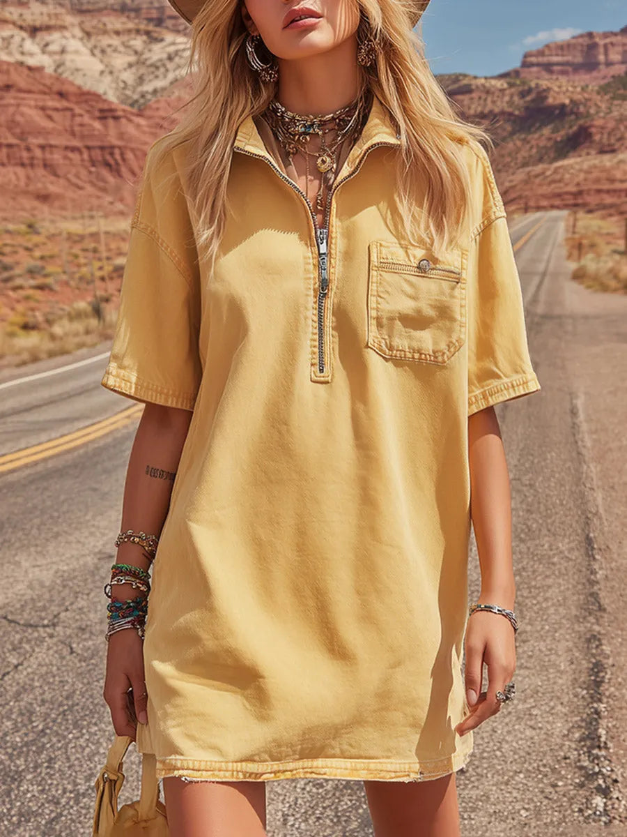 Vintage-style Casual Pale Yellow Denim Short-sleeve Mini Dress