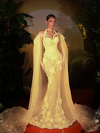 Tulle Halter V-Neck Off-The-Shoulder Sleeveless Long Mermaid Prom Dress With Flowers And Beadings YK0774