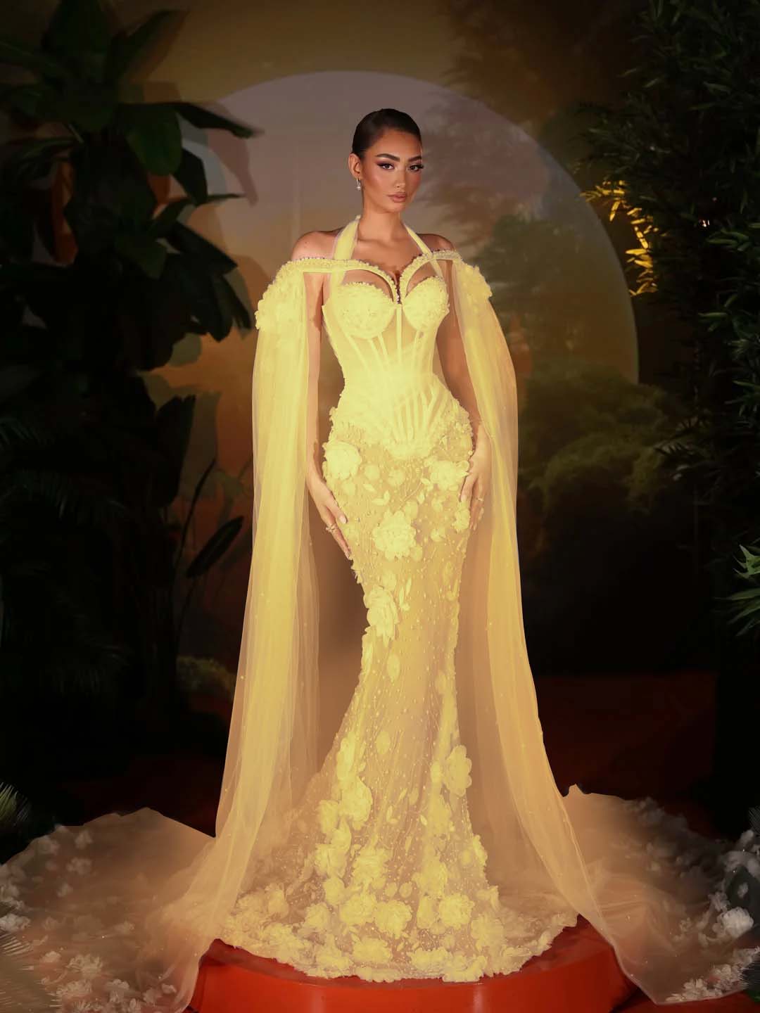 Tulle Halter V-Neck Off-The-Shoulder Sleeveless Long Mermaid Prom Dress With Flowers And Beadings YK0774