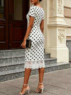 White Polka Dots Lace Classic V Neck Short Sleeve Sheath Midi Dress