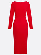 Red Asymmetric Ruched Knit Boat Neck Long Sleeve Sheath Midi Dress