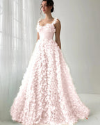 Tulle Square Neck Spaghetti Straps Sleeveless Long A-Line Prom Dress With Flower Appliques YK0613