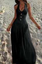 Cocoslly Halter V-Neck Sleeveless High Waist Long Prom Dress With Rhinstone | Ivory Chiffon XJ0755
