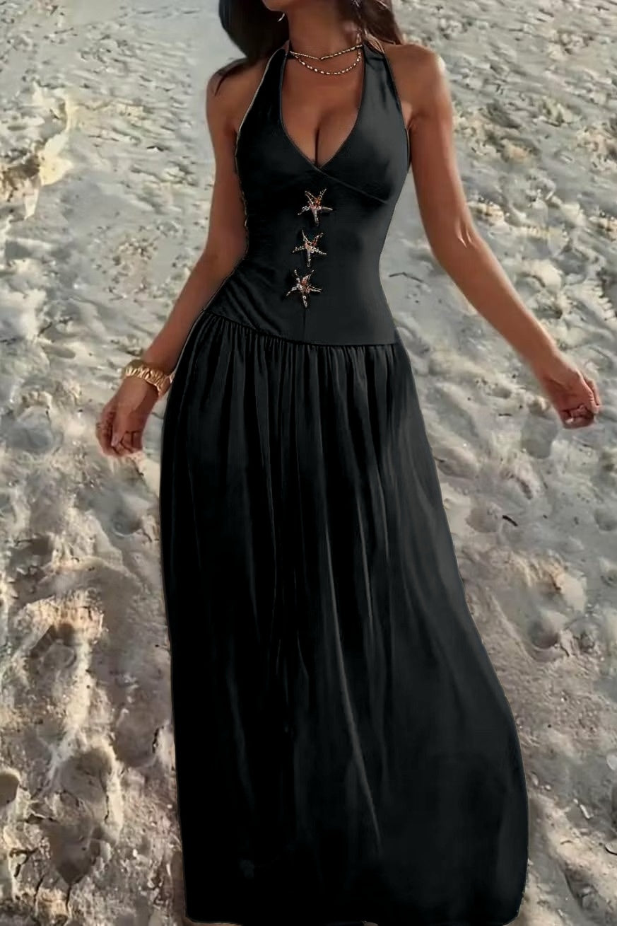Cocoslly Halter V-Neck Sleeveless High Waist Long Prom Dress With Rhinstone | Ivory Chiffon XJ0755