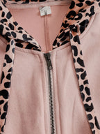 Western Retro Pink Faux Suede Sleeveless Leopard Print Hooded Wide-Leg Jumpsuit