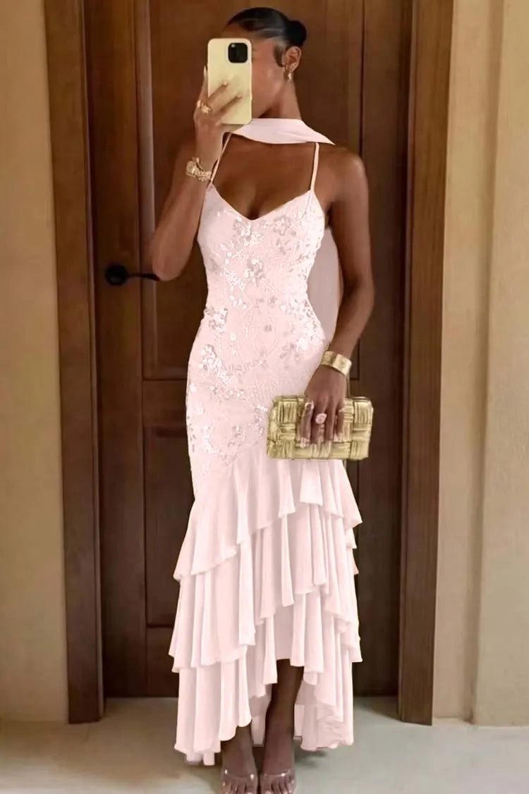 Cocoslly Spaghetti Straps Sleeveless High Waist Long Prom Dress With Ruffles And Sequins | Sage Chiffon LR0491