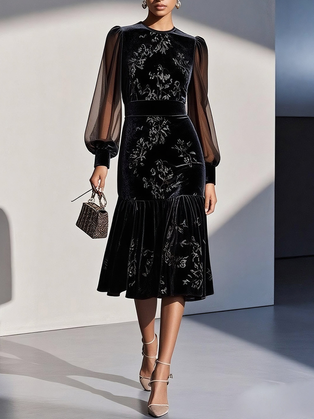 Caramel Brown Mesh Jacquard Velvet Crew Neck Long Sleeve Balloon Sleeve Mermaid Midi Dress