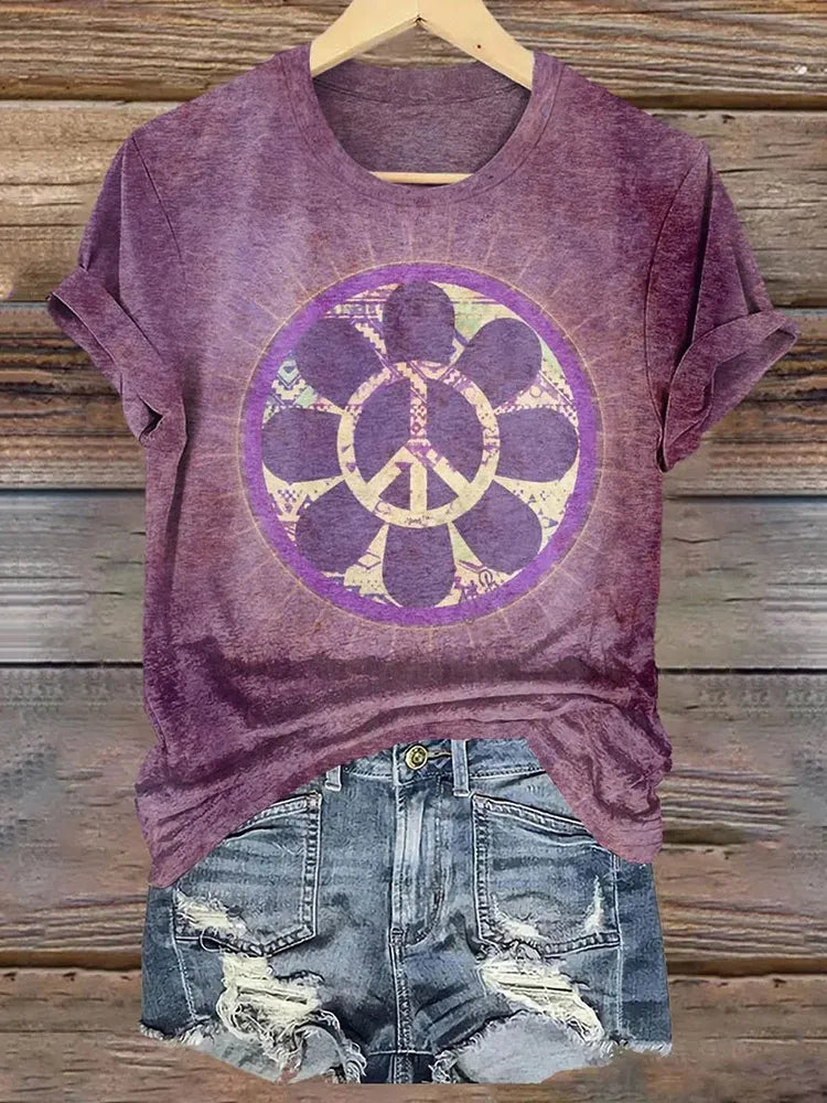 Women's Hippie Art Printed Casual Round Neck Short Sleeve T-shirt