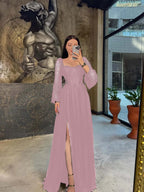 Lace Square Neck  Lantern Long Sleeves Long A-Line Pleated Prom Dress With Split And Corset YK0413