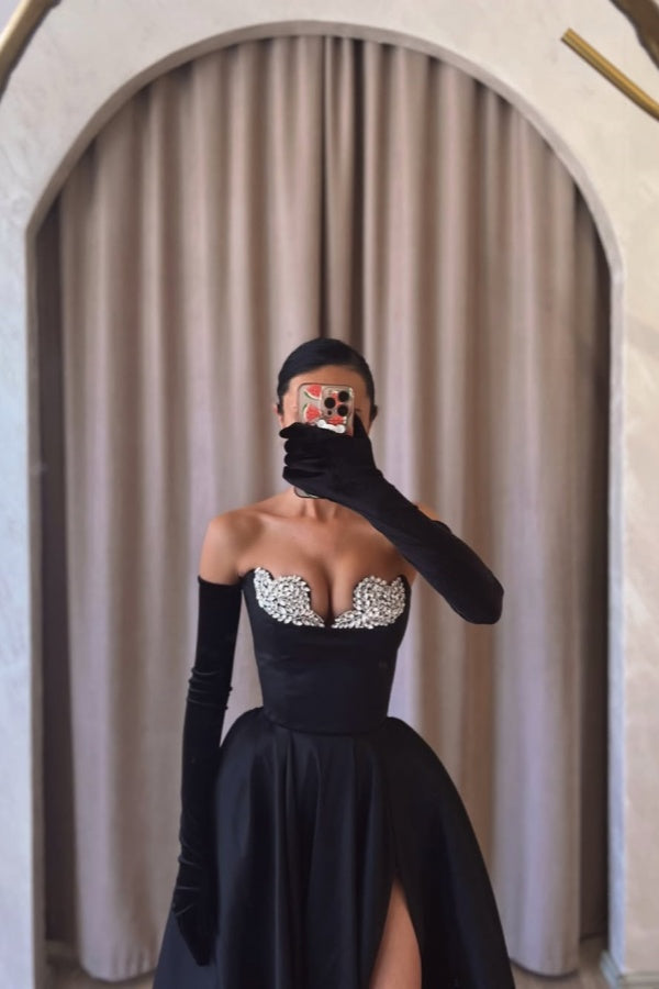 Cocoslly Strapless Split Rhinestones Beaded Long A-Line Prom Dress With Long Velvet Gloves | Black Satin ZT0534