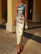 Light Blue Classic One Shoulder Sleeveless Sheath Midi Dress