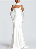 Strapless Sleeveless Long Pleated Mermaid Prom Dress With Ruffles And Gloves YK0718