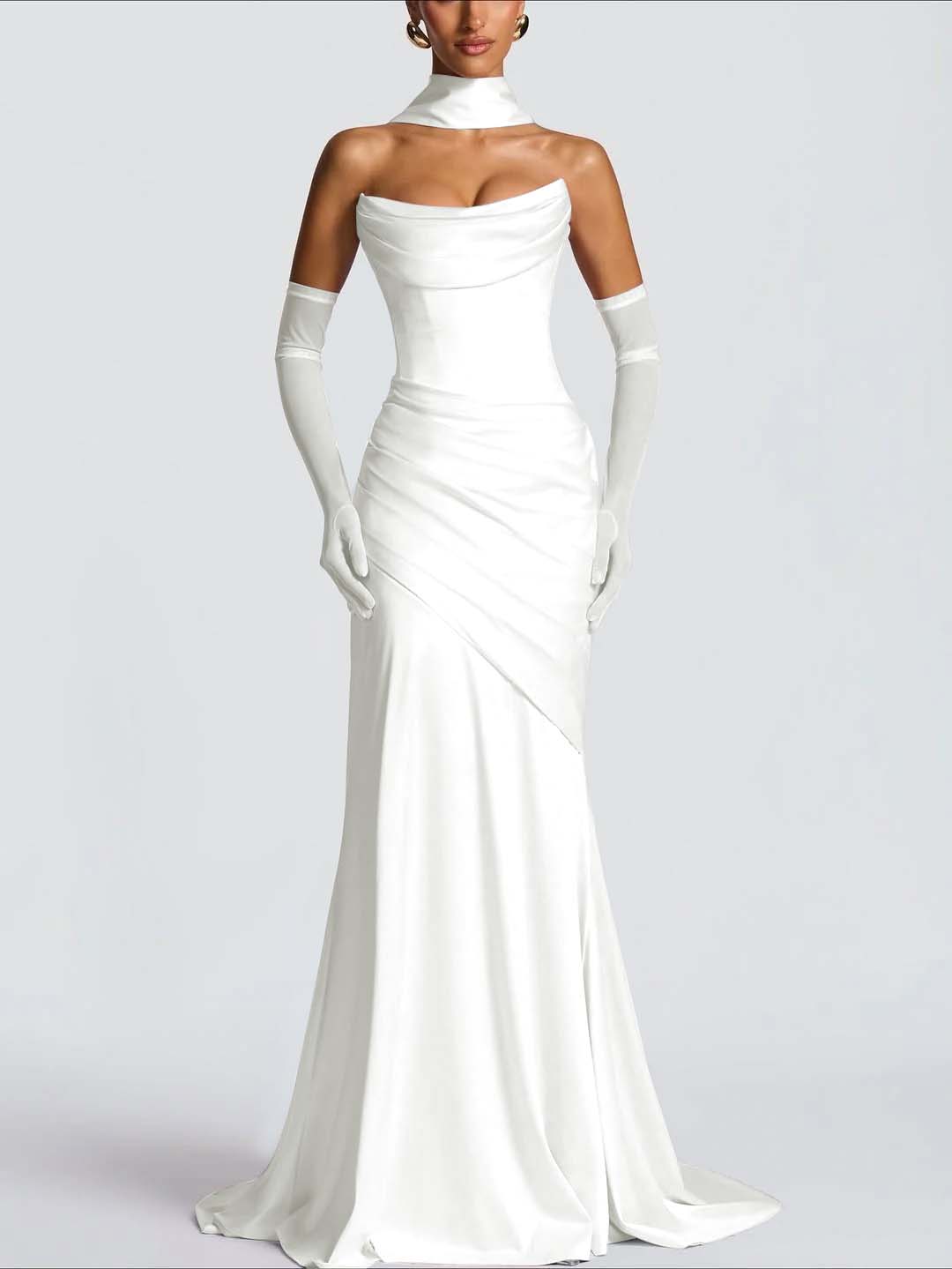 Strapless Sleeveless Long Pleated Mermaid Prom Dress With Ruffles And Gloves YK0718