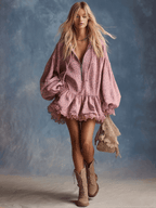 Elegant Western Hooded Front Zipper Ruffled Hem Pink Leopard Print Fuax Suede Mini Dress