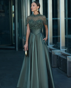 Tulle And Satin High-Neck Short Sleeves Long A-Line Pleated Prom Dress With Pockets And Beadings YK0542