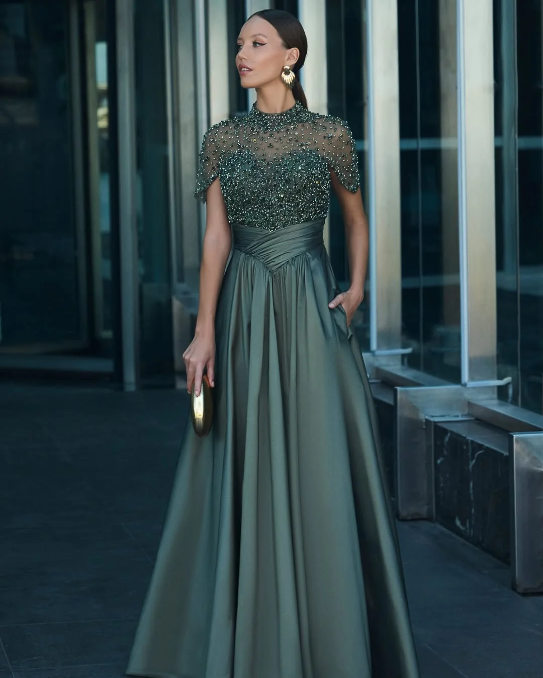 Tulle And Satin High-Neck Short Sleeves Long A-Line Pleated Prom Dress With Pockets And Beadings YK0542
