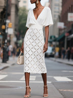 White Rayon Hollow Out Plaid Classic V Neck Short Sleeve Sheath Midi Dress