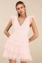 Cocoslly V-Neck Wide Straps Sleeveless Short A-Line Pleated Prom Dress With Ruffles | Black Tulle ZA0212