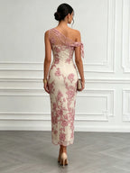 Pink Embroidery Bow Lace One Shoulder Sleeveless Sheath Maxi Dress