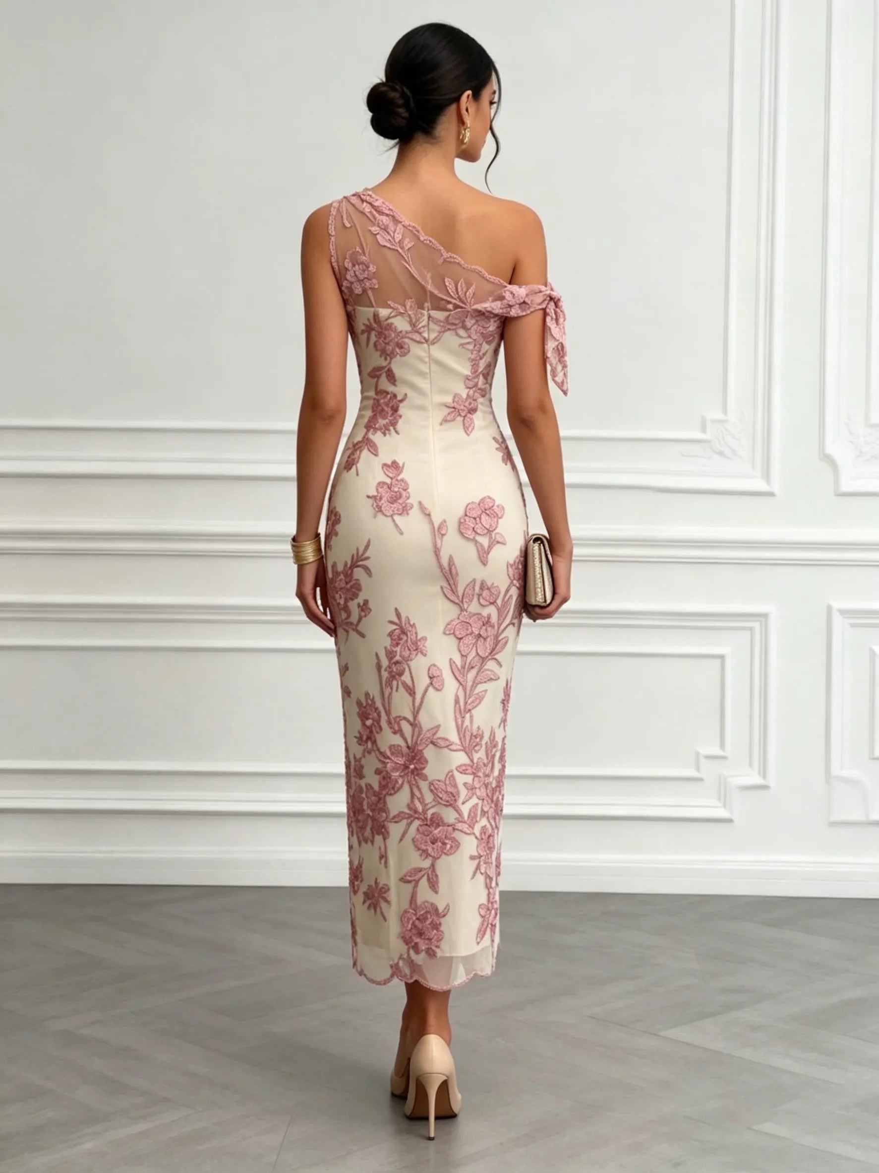 Pink Embroidery Bow Lace One Shoulder Sleeveless Sheath Maxi Dress