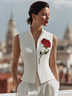Rose Embroidered Sleeveless Zip-Front Vest