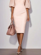 Pink Lace Classic Crew Neck Short Sleeve Balloon Sleeve Sheath Midi Dress