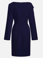 Purplish blue Bow Ruched Classic Boat Neck Long Sleeve Sheath Midi Dress