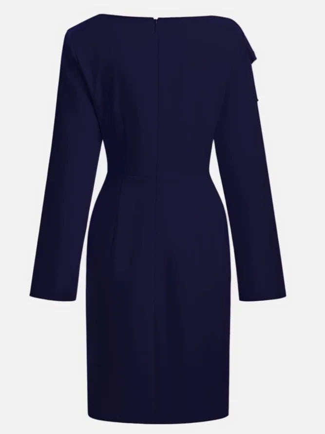 Purplish blue Bow Ruched Classic Boat Neck Long Sleeve Sheath Midi Dress