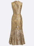 Golden Jacquard Lace Mock Neck Sleeveless Mermaid Midi Dress