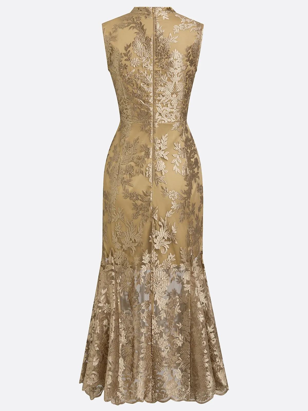 Golden Jacquard Lace Mock Neck Sleeveless Mermaid Midi Dress