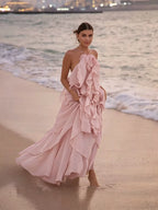 Cocoslly Halter Sleeveless High Waist Long Prom Dress With Ruffles | Lilac Chiffon LX0092