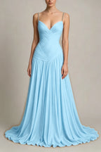 Cocoslly Spaghetti Straps Sleeveless High Waist Long Prom Dress With Pleated | Dusty Blue Chiffon LR0340