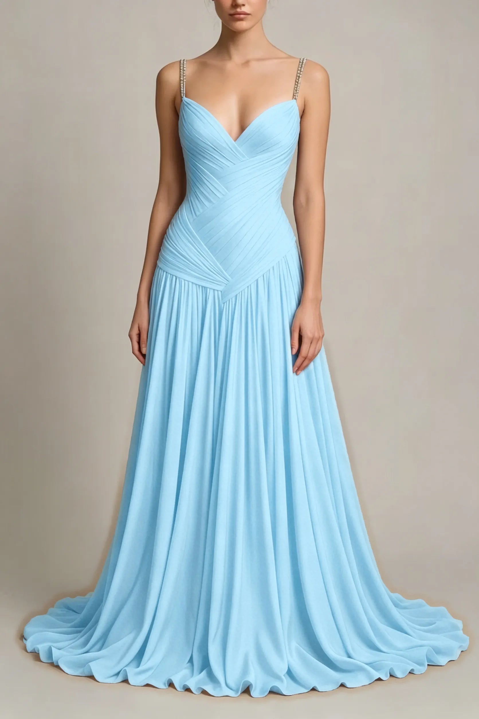 Cocoslly Spaghetti Straps Sleeveless High Waist Long Prom Dress With Pleated | Dusty Blue Chiffon LR0340
