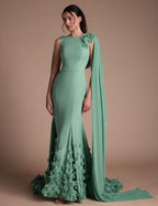 Cocoslly Sleeveless High Waist Long Mermaid Prom Dress With Flowers And Scarf | Dusty Sage Chiffon CO0050