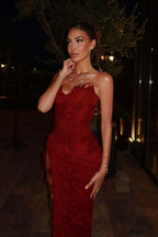 Strapless Sleeveless Long Split Prom Dress With Lace Embroidery WQ0122