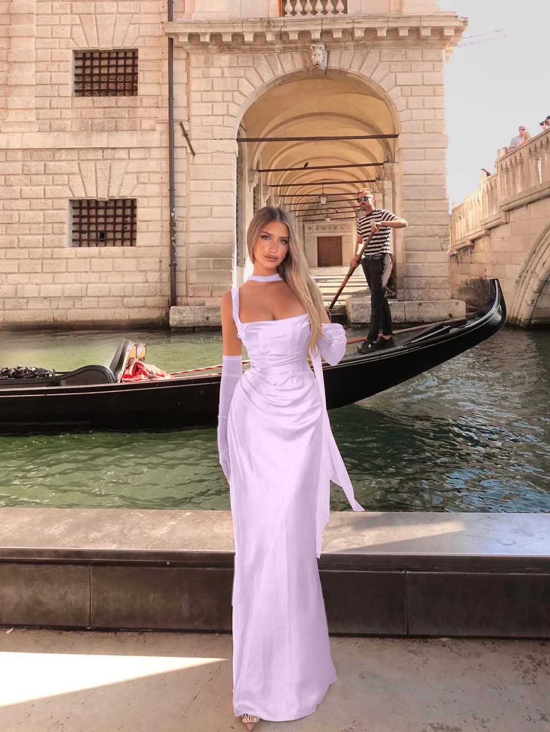 Spaghetti Strap Sleeveless Long Mermaid Prom Dress With Gloves YK0575
